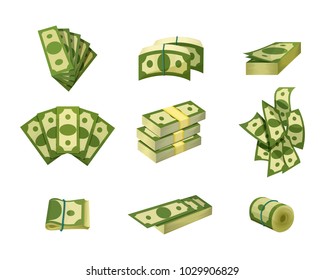 Sammlung von Dollarscheinen. Grüne Banknoten. American Cash. Bankwährung. Papiergeld. Konzept des finanziellen Erfolgs, der Investitionen oder des Wohlstands. Flaches Vektorillustration-Design