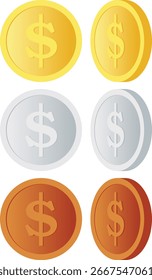 Colección de moneda de dólar de frente y lado con color de bronce de plata dorado