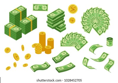 Collection of dollar coins and bills, vector illustration