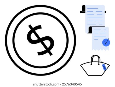 Collection of a dollar sign within a circle, a receipt with a checkmark, and a handbag with a tag. Ideal for financial themes, shopping, transactions, commerce, and accounting. Simple vector style