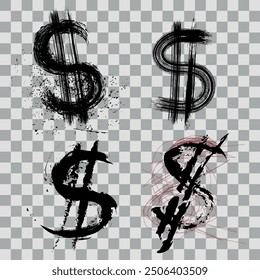 Collection of dollar symbols. Drawings and ink. Black contour silhouette. Vector flat graphic illustration, hand drawn. Isolated objects on a transparent background.