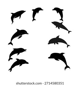Colección de la silueta del delfín que muestra diferentes poses de salto y natación, sobre fondo blanco. 