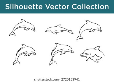 Colección de siluetas de delfines aisladas sobre fondo blanco