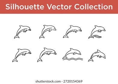 Colección de siluetas de delfines aisladas sobre fondo blanco