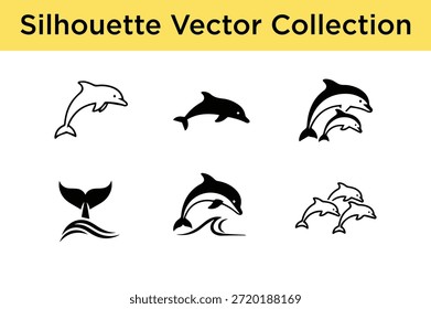 Colección de siluetas de delfines aisladas sobre fondo blanco