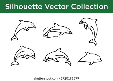 Colección de siluetas de delfines aisladas sobre fondo blanco
