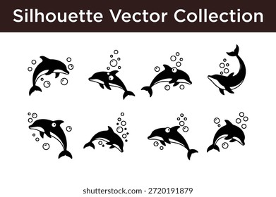 Colección de siluetas de delfines aisladas sobre fondo blanco