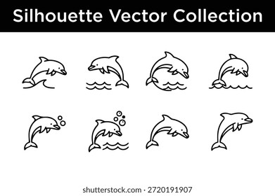 Colección de siluetas de delfines aisladas sobre fondo blanco