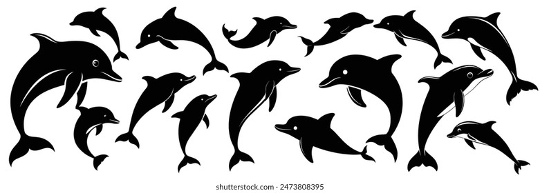 Colección de la silueta de los delfines. Arte vectorial dibujado a mano.