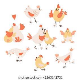 Collection domestic birds. Cute rooster, hen and little chick in eggshell. Vector illustration. Isolated farm birds for design, decor, kids collection