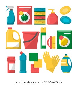 Collection of domestic chemical equipment in plastic bottle. Product for housework in container, vector illustration. Detergent and disinfectant. Antiseptic spray in flask.
