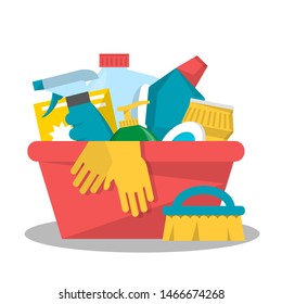 Collection of domestic chemical equipment in plastic bottle. Product for housework in container, vector illustration. Detergent and disinfectant. Antiseptic spray in flask.