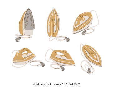 Collection of domestic clothes irons shown from different angles. Set of electric household appliances isolated on white background. Home tool for ironing. Flat cartoon colorful vector illustration.