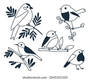 Collection of domestic or wild birds. Vector illustration with birds on branches. Birds in simple linear geometric style