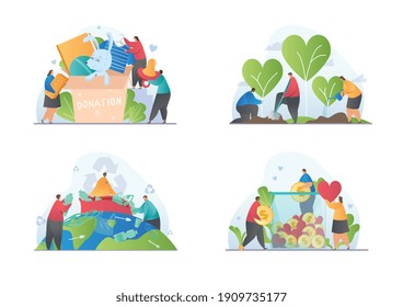 Collection of donation, volunteering, eco volunteering concepts. Flat cartoon vector illustration isolated on white background.