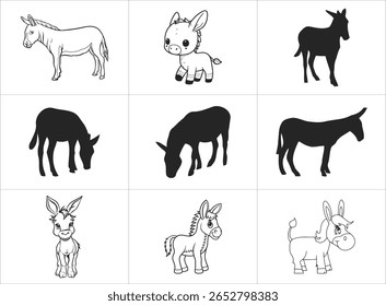 Uma coleção de desenhos animados burros em vários estilos, que vão desde contornos realistas a desenhos bonitos e simplificados, tudo com uma estética limpa em preto e branco. Uma ilustração divertida e simples para todos.