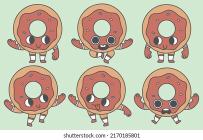 Collection of donut in cute mascot design with various poseture and emotion in cartoon style, vector illustration