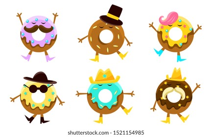 Collection of Donuts Cartoon Characters, Humanized Glazed Doughnuts with Different Funny Faces Vector Illustration