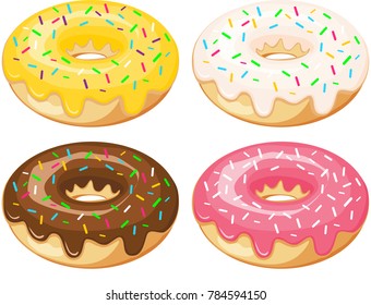 Collection of donuts isolated on white background. Donuts with chocolate frosting and sprinkles. Vector 3D illustration. Creative, realistic.Home Interior Design Software Programs. Project management.