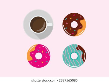 Collection of donuts with multicolored glaze. Sweet donuts vector illustration. American traditional food