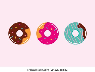 Collection of donuts with multicolored glaze. Sweet donuts vector illustration. American traditional food