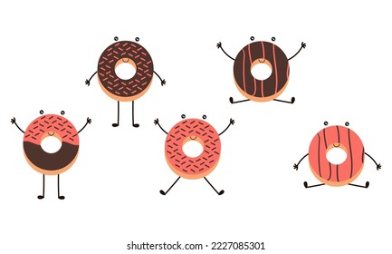 eine Sammlung von Donuts mit verschiedenen Geschmacksrichtungen und hellen Farben, süße Schokolade und Erdbeergeschmack mit süßer und hübscher Gesichtsumgestaltung