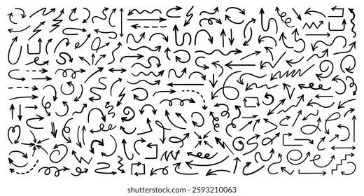 Collection of doodle arrow icon, modern flat arrow mark, brush stroke arrow symbol paint, hand drawn chalk pencil pointer and computer cursor for web design technology and navigation app business.