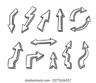 Collection of doodle arrows. Black and white arrow pointers set.