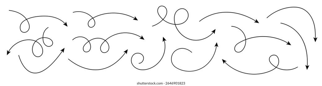 Sammlung von Doodle-Pfeilen. Gekrümmte und verdrehte handgezeichnete Pfeile.