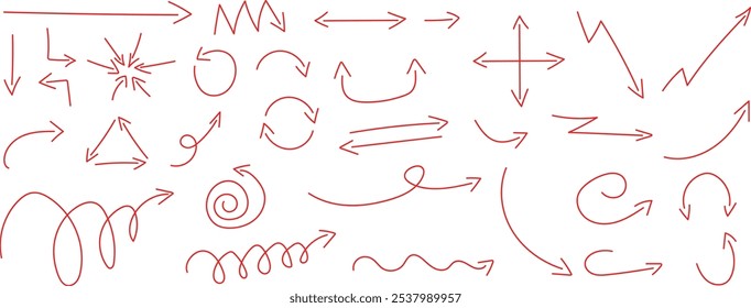 Collection of doodle arrows in different shapes such as: straight line, curve, circle, navigation, wave, zig zag in black marker color isolated vector