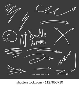 Collection of Doodle Arrows Drawn by Hand on Dark Background, Arrow Set Freehand