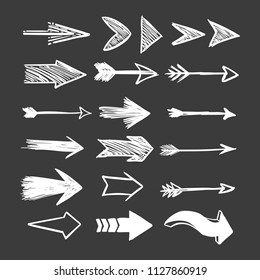 Collection of Doodle Arrows Drawn by Hand on Dark Background, Arrow Set Freehand