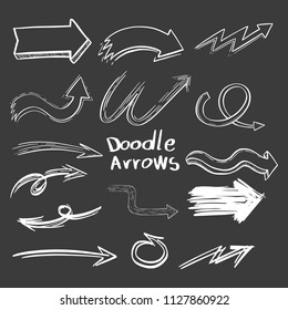 Collection of Doodle Arrows Drawn by Hand on Dark Background, Arrow Set Freehand