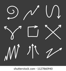 Collection of Doodle Arrows Drawn by Hand on Dark Background, Arrow Set Freehand