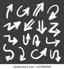 Collection of Doodle Arrows Drawn by Hand on Dark Background, Arrow Set Freehand