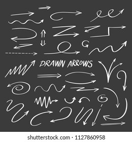 Collection of Doodle Arrows Drawn by Hand on Dark Background, Arrow Set Freehand