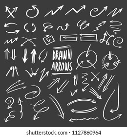 Collection of Doodle Arrows Drawn by Hand on Dark Background, Arrow Set Freehand