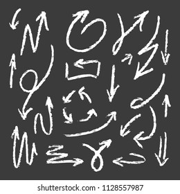 Collection of Doodle Arrows Drawn by Hand on Dark Background, Arrow Set Freehand