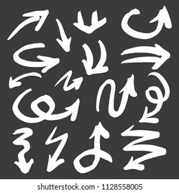 Collection of Doodle Arrows Drawn by Hand on Dark Background, Arrow Set Freehand
