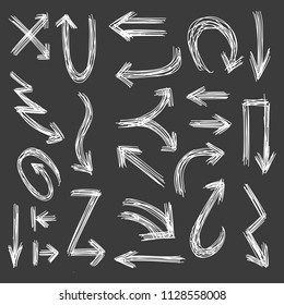 Collection of Doodle Arrows Drawn by Hand on Dark Background, Arrow Set Freehand