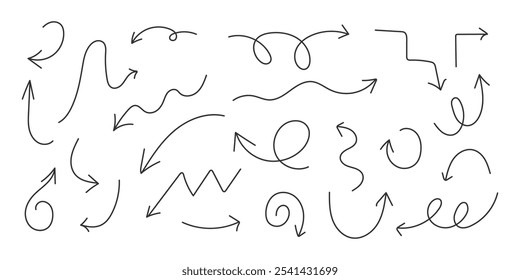 Collection of Doodle arrows. Hand drawn scribble arrow. Line Drawing Sketch illustration. Element for highlighting points in infographics, notes, graphic design projects, education