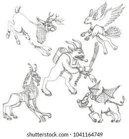 A collection of doodle art illustrations that includes the following mythical creatures from legend folklore; jackalope, krampus, skraver, wendigo and wild boar with bat wings on isolated background.