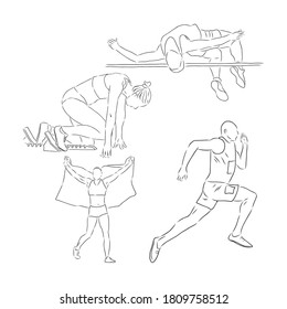 A collection of doodle art illustrations that includes the following sports track and field runner, track and field, runner, vector sketch illustration