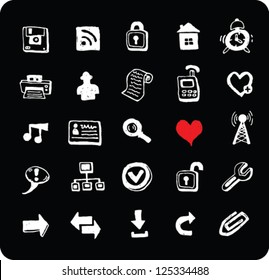 Collection of doodle black and white web and office icons isolated on black background
