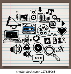 Collection of doodle black and white web icons on striped paper sheet background with multiplied shadow, set 1. EPS 10