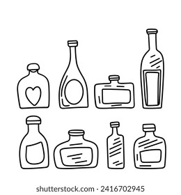 Collection doodle bottles isolated on white background. Outline bottles. Hand drawn vector art.