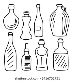 Collection doodle bottles isolated on white background. Outline bottles. Hand drawn vector art.