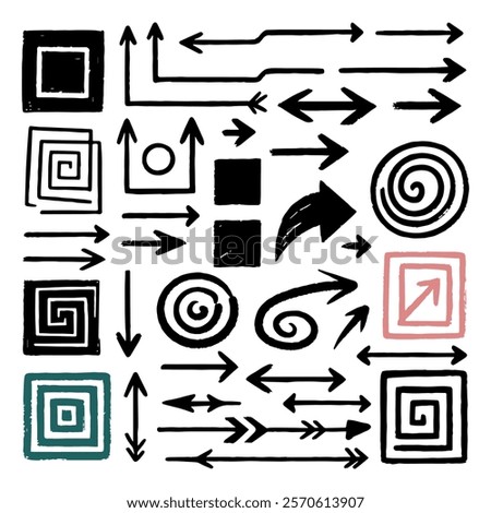 Collection of doodle boxes, circles and arrows and other supporting elements manually drawn on a white background