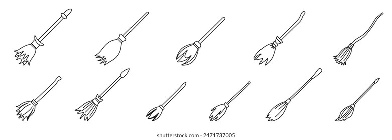 Kollektion von Doodle Besen isoliert. Handgezeichnete Vektorgrafik.