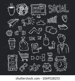 collection of doodle business icons or elements on blackboard background